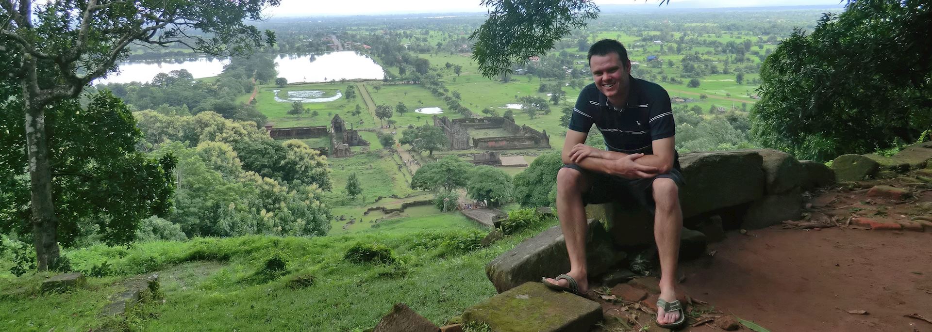 William and the panoramic view at Wat Phou in Southern Laos