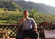 Matt sampling the local tea at a tea plantation in Chiang Rai, Thailand