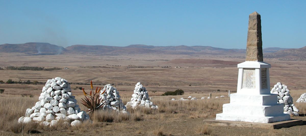 White stone cairns mark the graves of soldiers at Isandlwana