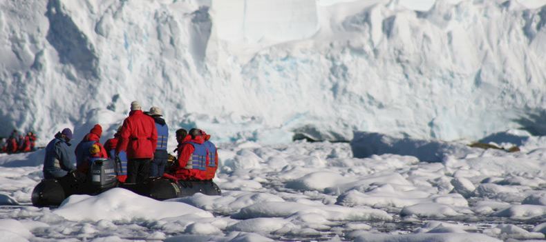 A zodiac boat in Fournier Bay, Antarctica