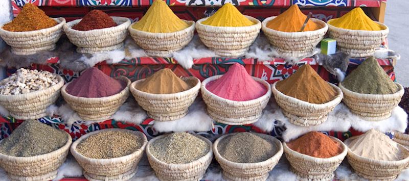 Explore the spices market at the Khan el Khalili Bazaars in Cairo.