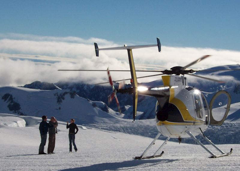 Helicopter landing at Fox Glacier, New Zealand