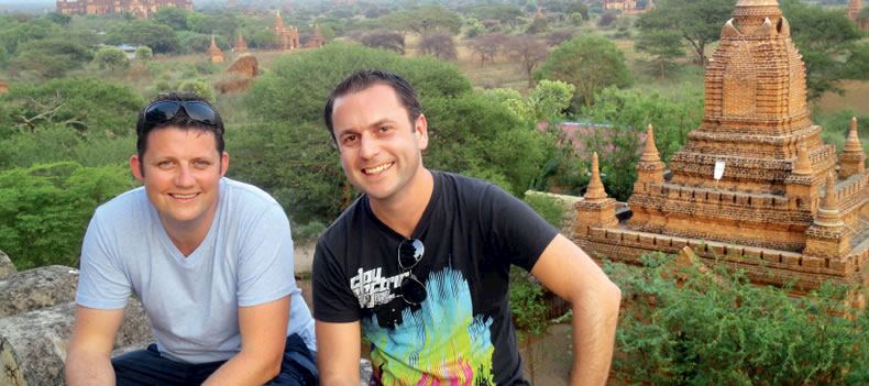 Jake (on the left) and Jack among some 2,500 plus temples and pagodas in mystical and majestic Pagan