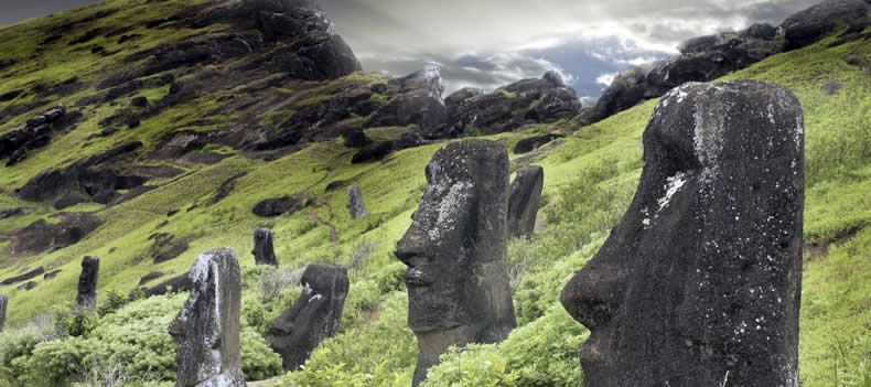 Moai stone heads on Easter Island, one of the world's most isolated inhabited islands